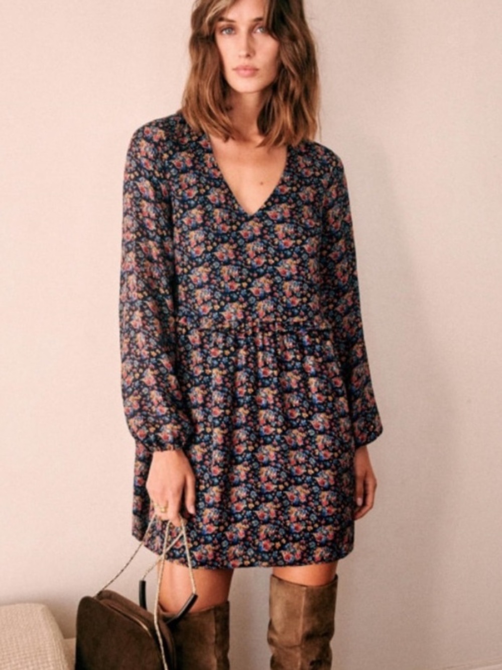 Sezane Penelope Silk Navy Floral Long Sleeve Mini Dress/ French size 34(US 2/XS)